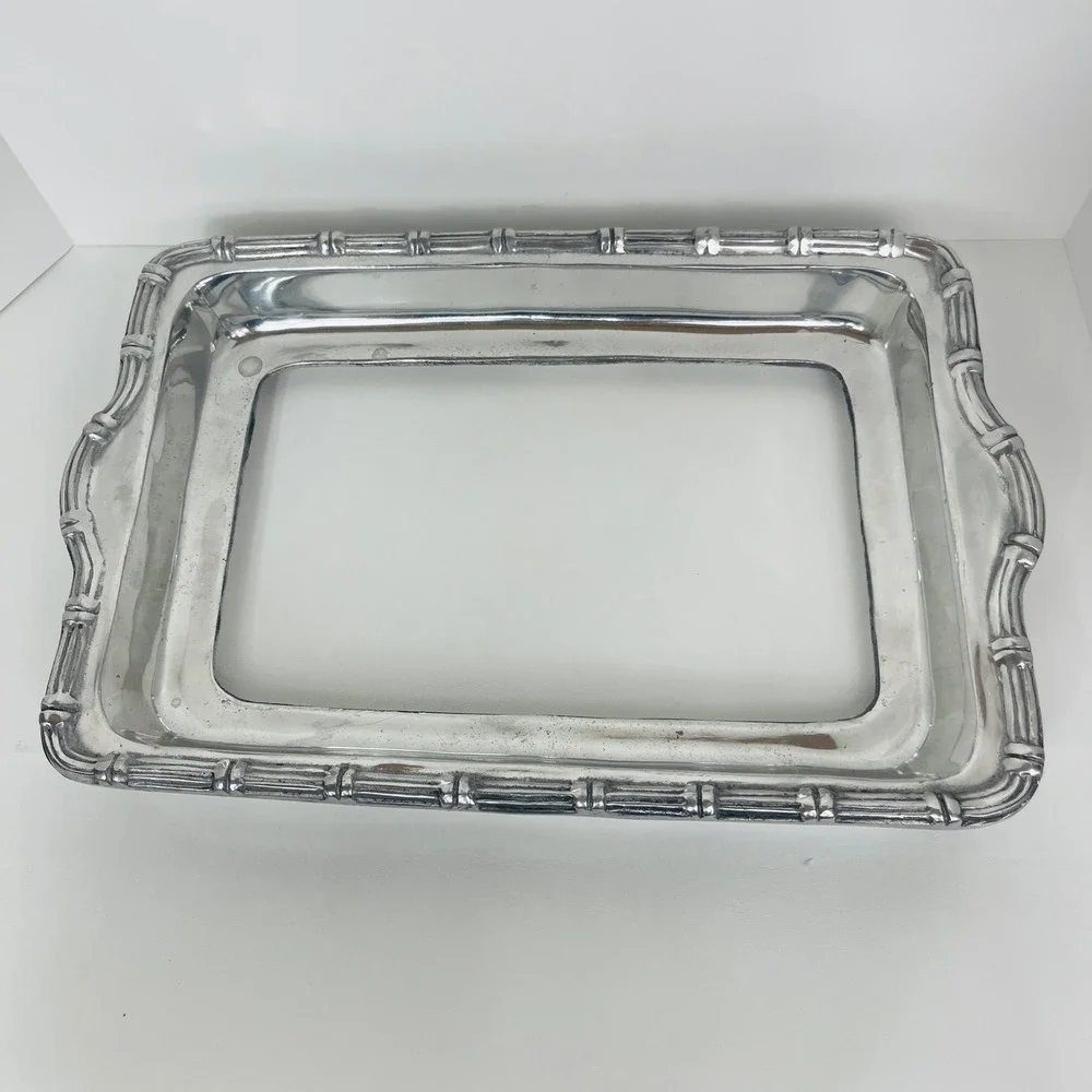 Unbranded Casserole Dish Holder Silver Bamboo Trim Rectangular Pewter Good